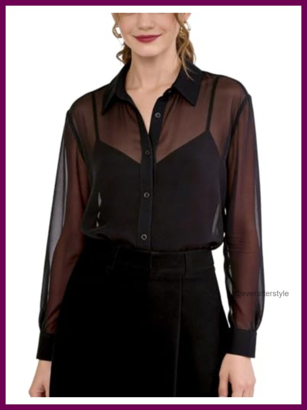 Sheer Chiffon Button Down Blouse Long Sleeve See Through Top